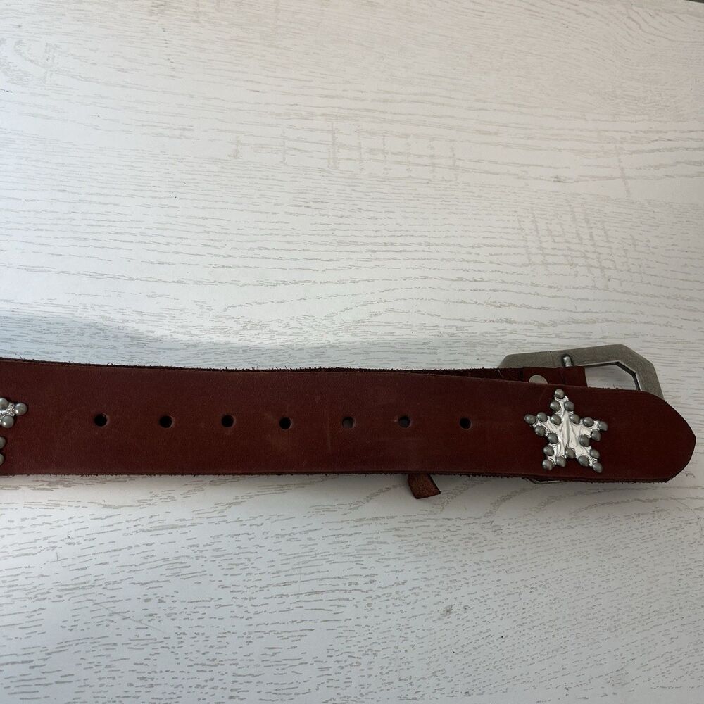 FREE PEOPLE Starcrossed Studded Leather Belt Brown Stars Big Buckle M/L Boho - Picture 6 of 6